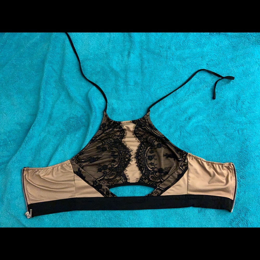 Black and Tan lace crop top with zipper